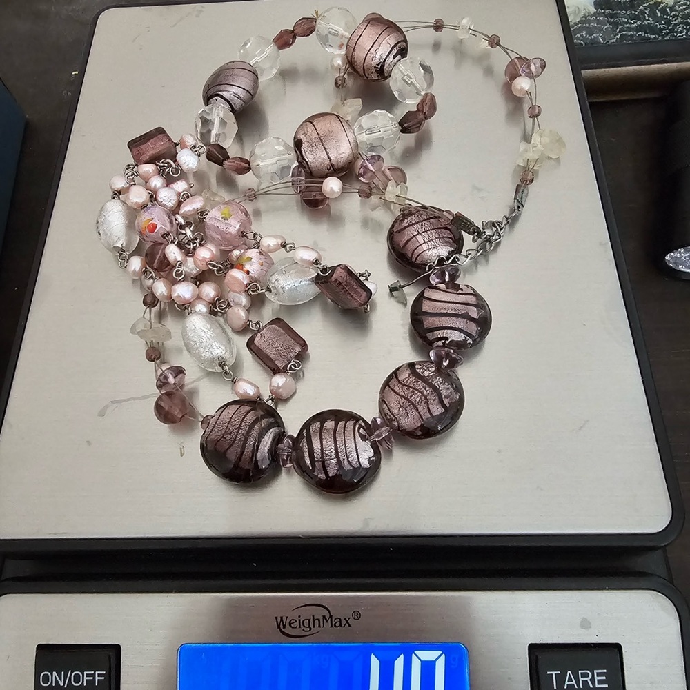 Glass Foil Bead and Pearl Necklace & Bracelets Bundle Set Shimmery Pink & Brown - Picture 12 of 12